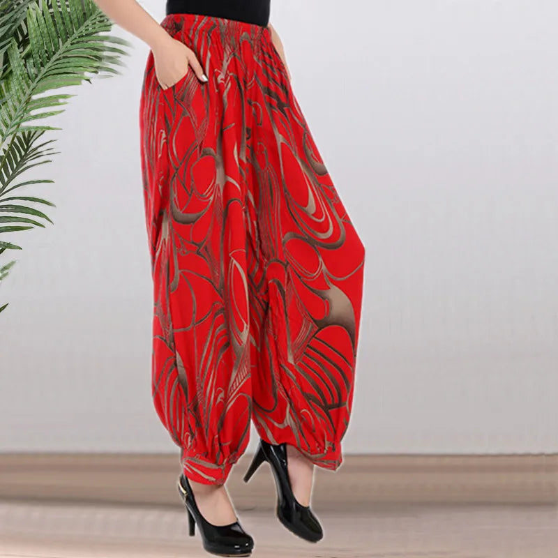 High Waist Lantern Pants Casual Cotton Silk Large Size Printed Long Trousers for Middle-Aged And Elderly Women
