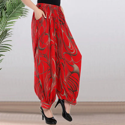 High Waist Lantern Pants Casual Cotton Silk Large Size Printed Long Trousers for Middle-Aged And Elderly Women
