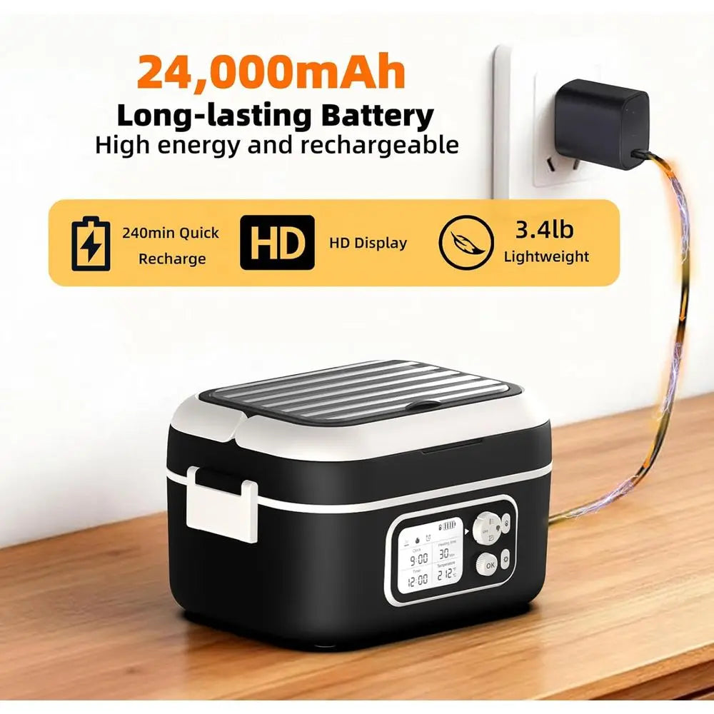 Portable Electric Lunch Box, 6.3 Cups, 100W, 24000mAh Battery, Self-Heating, Includes Cutlery, Insulated Bag & Divider for Adult