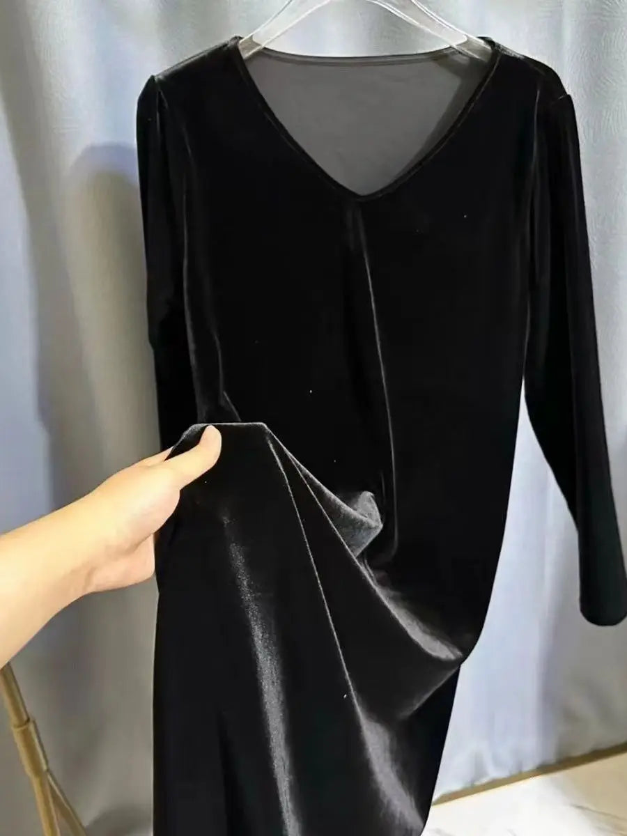 plus Size Velvet Dress V-Neck Long Sleeve Spring Autumn New Style Thin Dress for Middle-Aged And Elderly Women Korean Style A...