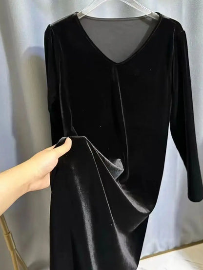 plus Size Velvet Dress V-Neck Long Sleeve Spring Autumn New Style Thin Dress for Middle-Aged And Elderly Women Korean Style A...