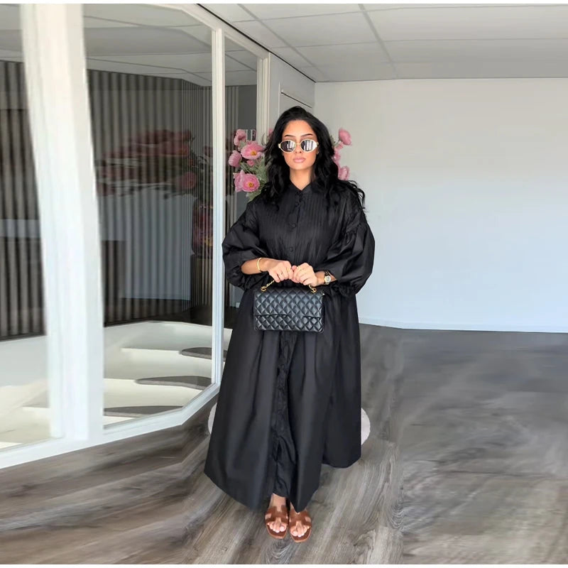 Casual Long Dress Women Solid Loose O Neck Single Breasted Full Lantern Sleeve High Waist Robe 2026 Spring Fashion Dresses Lady
