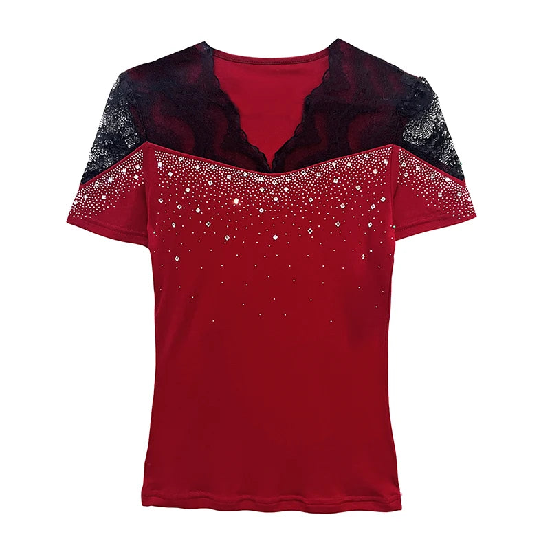 2026 Summer Women Tops New Korean Fashion Diamond Mesh T Shirt V-neck Short Sleeved Patchwork Lace Shirt