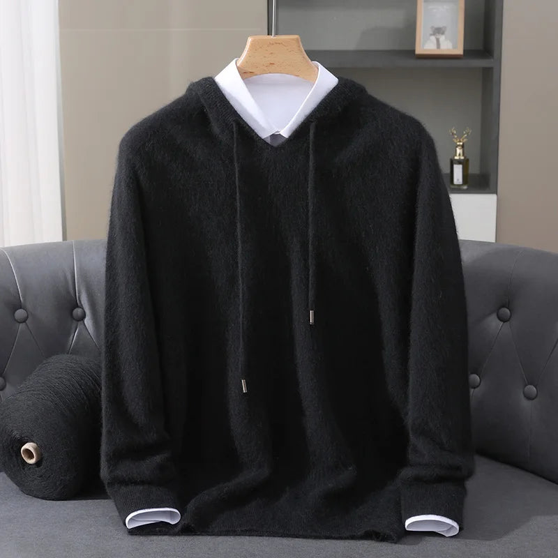 Autumn And Winter New 100% Pure Mink Wool Men Hooded Sweater Solid Color Knitted Sweater Loose Bottoming Leisure