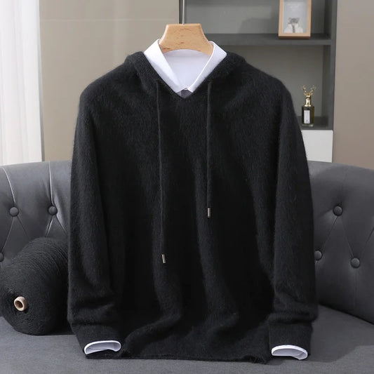 Autumn And Winter New 100% Pure Mink Wool Men Hooded Sweater Solid Color Knitted Sweater Loose Bottoming Leisure