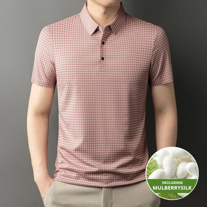 2025 Top Grade Mulberry Silk Anti-wrinkle New Summer Brand Polo Shirt Short Sleeve Casual Tops Fashions Checkered Mens Clothes