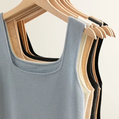 100% Superfine Merino Wool French Square-Neck Knit Camisole for Women, Slim Fit, Elegant, Versatile, Thin, Suitable for Work and Casual Wear