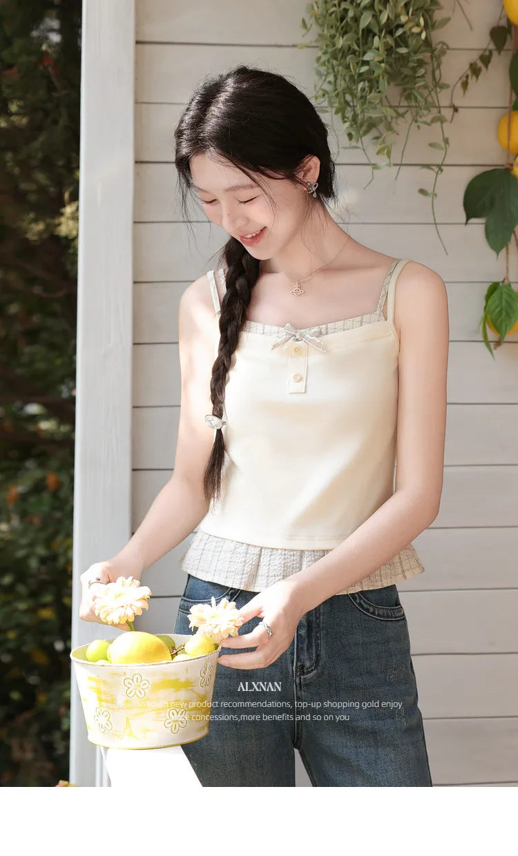 ALXNAN Cream Yellow Plaid Spliced Camisole Women 2026 Summer Elegant Sweet Beach Sleeveless Tops Casual Bow Design Camis L62323