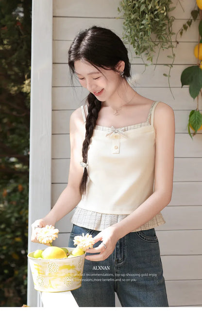ALXNAN Cream Yellow Plaid Spliced Camisole Women 2026 Summer Elegant Sweet Beach Sleeveless Tops Casual Bow Design Camis L62323