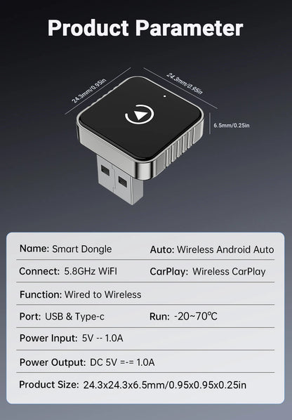 Wireless CarPlay Android 2026 New Smart Auto Adapter Hassle-Free Plug&Play Stable BT WiFi Connect OTA Upgradable Fit 99% Vehicle