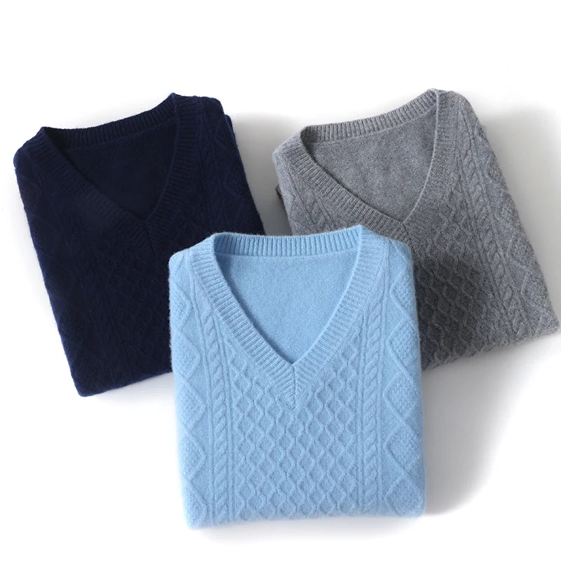 Autumn and winter new 100% pure wool men's V-neck sleeveless vest solid color fashion casual loose knit vest.