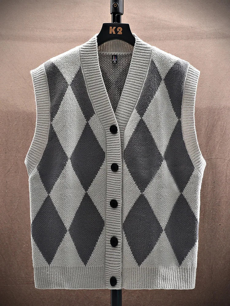 Autumn Winter Men Casual Checkerboard Comfortable Versatile Breathable Warm Vest Cardigan New Men Sports Leisure Warm Knit Vest
