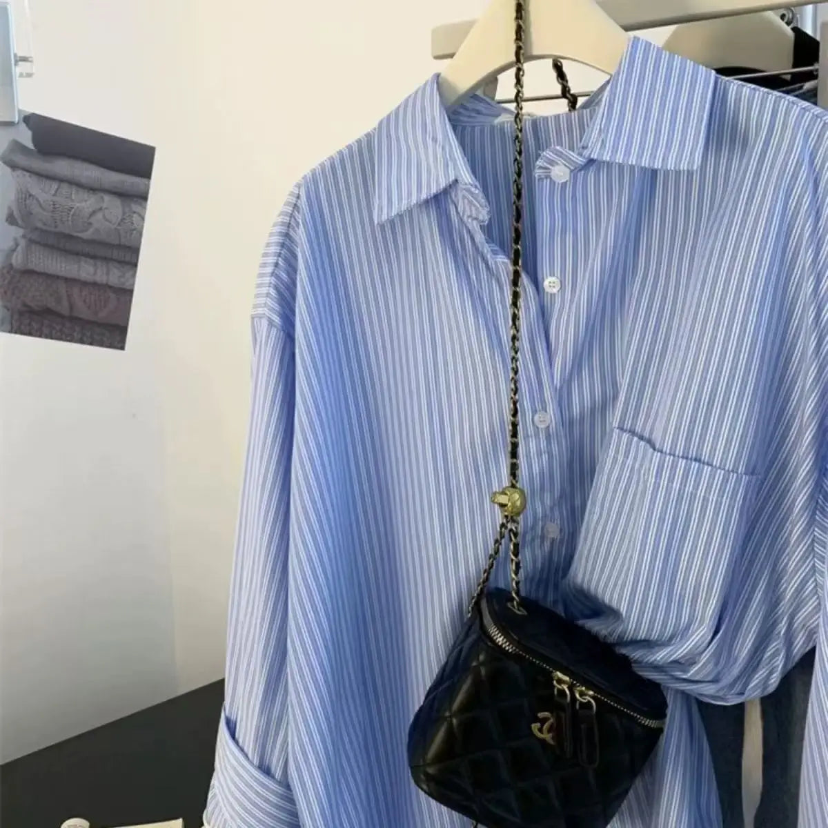 Retro Lazy Sle Blue Striped Women's Long Sve irt Spring Autumn Design Sense Small ence Outerwear Blouse