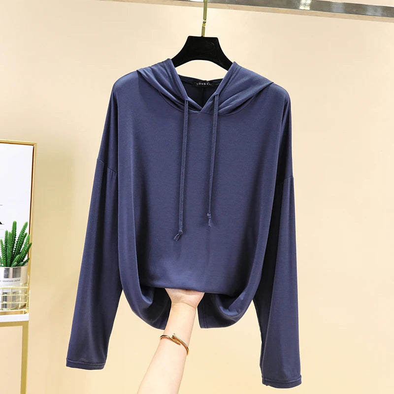 Spring Summer New Modal Long Sleeve Hoodie T-Shirt Women plus Size Loose Base Shirt Slimming Sun Protection Top Korean Style