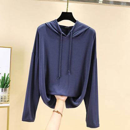 Spring Summer New Modal Long Sleeve Hoodie T-Shirt Women plus Size Loose Base Shirt Slimming Sun Protection Top Korean Style