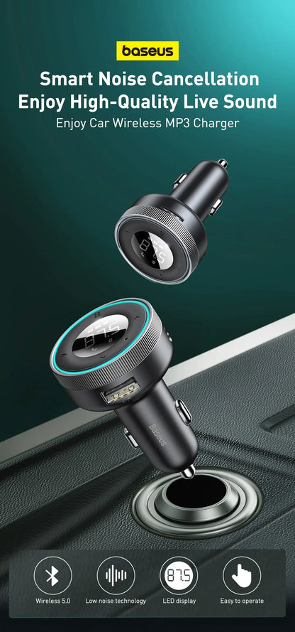 Baseus Car FM Transmitter with Bluetooth 5.0 & 3.4A Dual USB Charger - MP3 Player, Radio, Hands-Free Calling Adapter