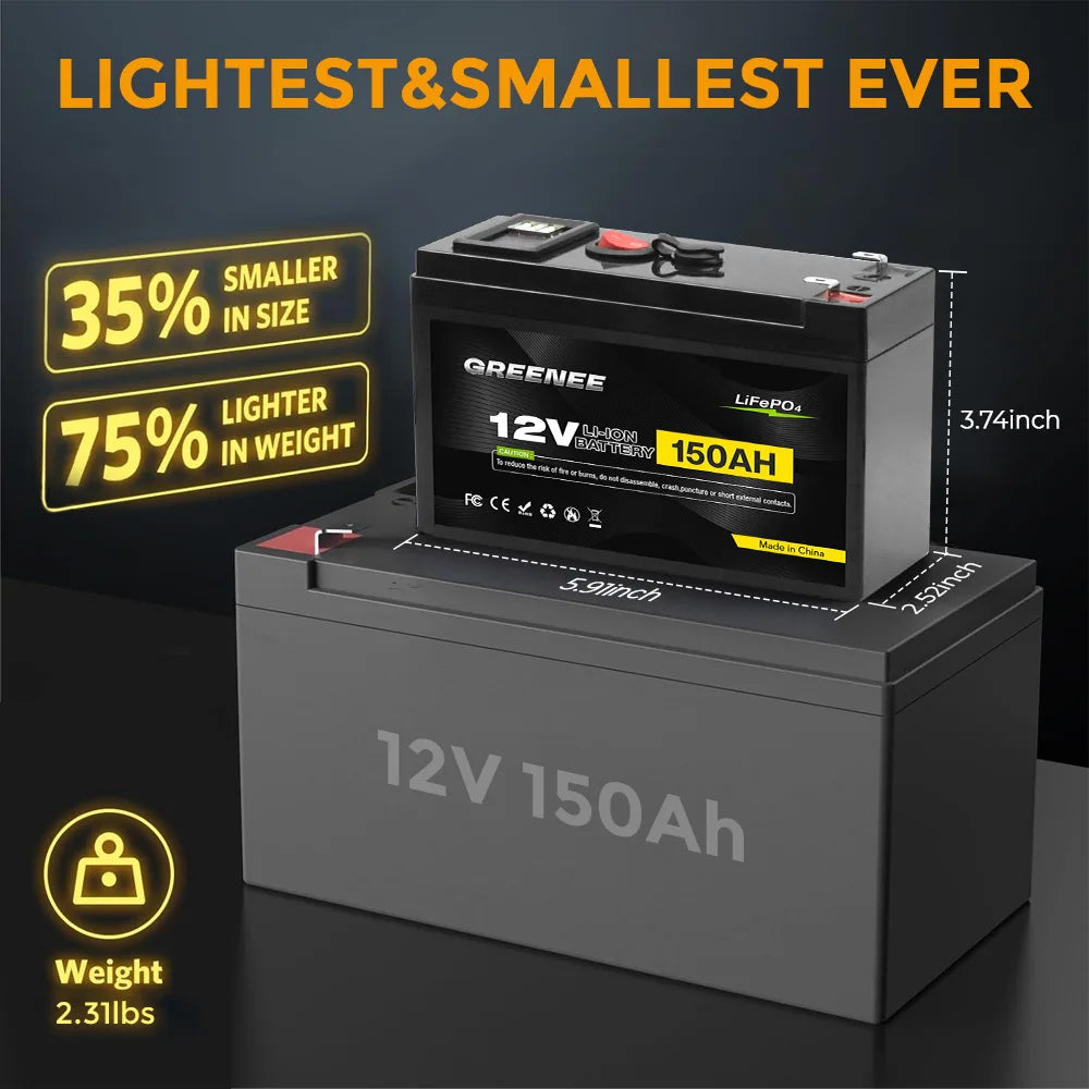 12V 150Ah Lithium LiFePO4 Deep Cycle Battery 4000+ Cycles Rechargeable Battery Lithium Iron Phosphate for Solar Wind Power