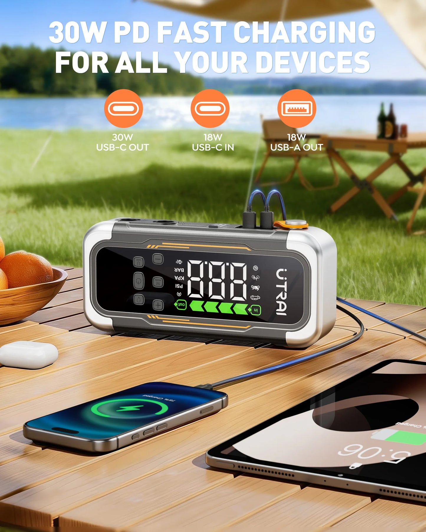 UTRAI 5 in 1 6000A Car Jump Starter 150PSI Air Pump PD30W Power Bank High-speed Airflow Dualmode For kayakingCar Battery Booster