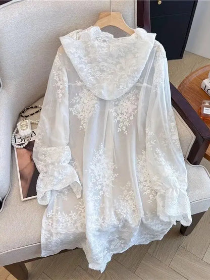 Elegant Thin Lace Hat Shirt Women's Loose Fit Summer 2025 plus Size Slimming Korean Style Long Sleeve Button up