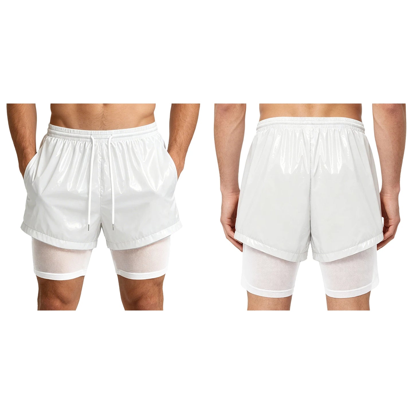 Men Oil Glossy Cargo Shorts Waterproof Elastic Waist Band Multi-pocket Zipper Overalls Capri Pants Dance Clubwear Beach Swimwear