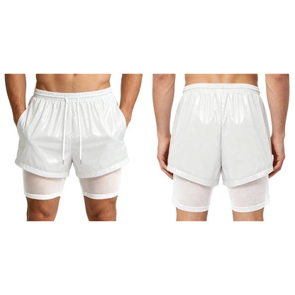 Men Oil Glossy Cargo Shorts Waterproof Elastic Waist Band Multi-pocket Zipper Overalls Capri Pants Dance Clubwear Beach Swimwear