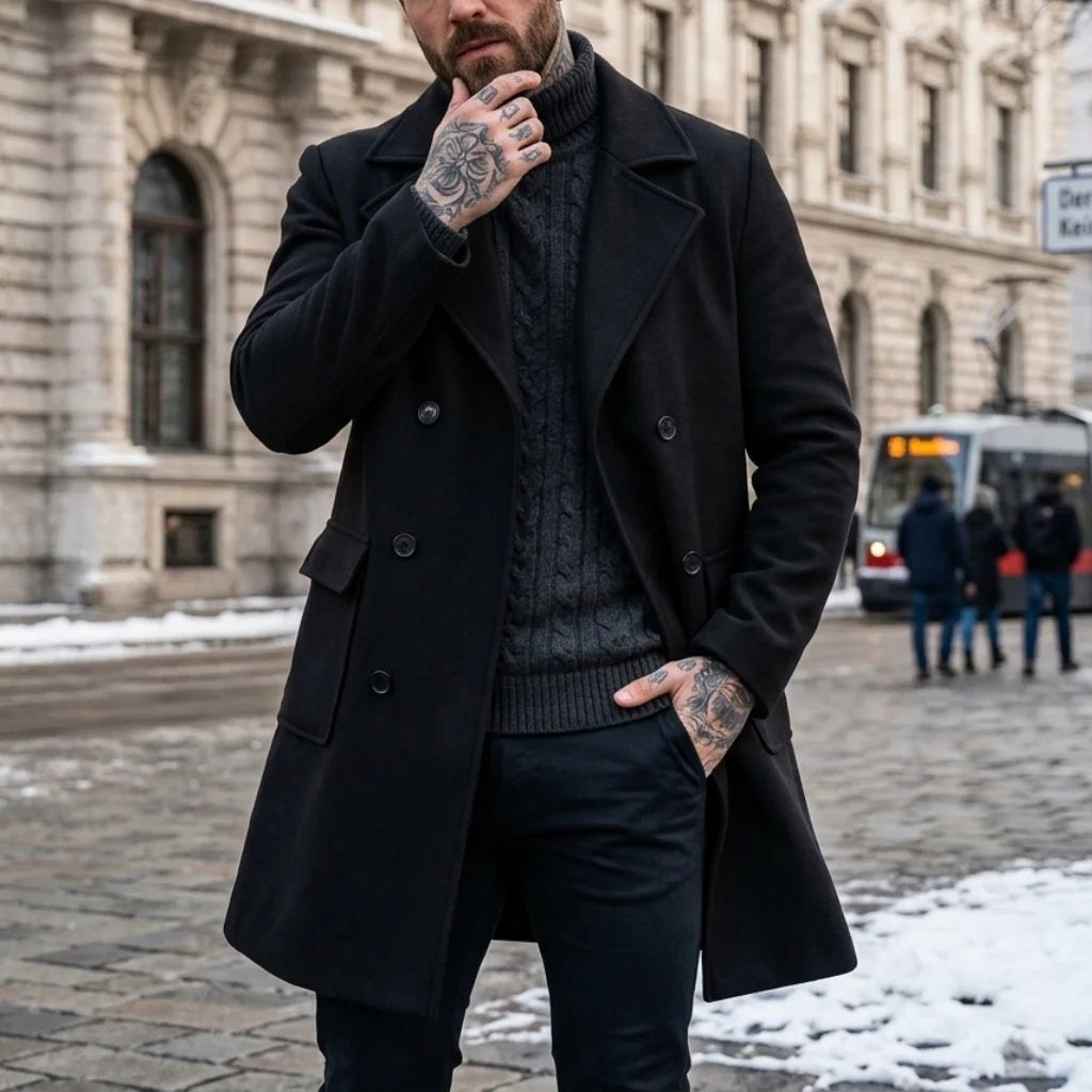 New Winter Men's Double-Breasted Knee-Length Trench Coat Windproof Lined Multi-Pocket Jakcets Business Casual Streetwear Coat