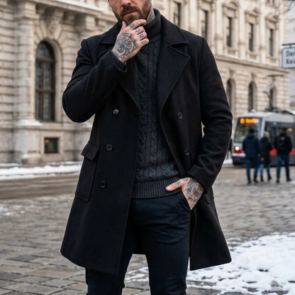 New Winter Men's Double-Breasted Knee-Length Trench Coat Windproof Lined Multi-Pocket Jakcets Business Casual Streetwear Coat