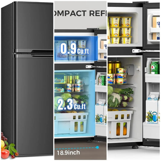 3.2 Cu.Ft Fridge with Freezer, Double Door Compact Fridge for Bedroom, Adjustable Thermostat, Energy