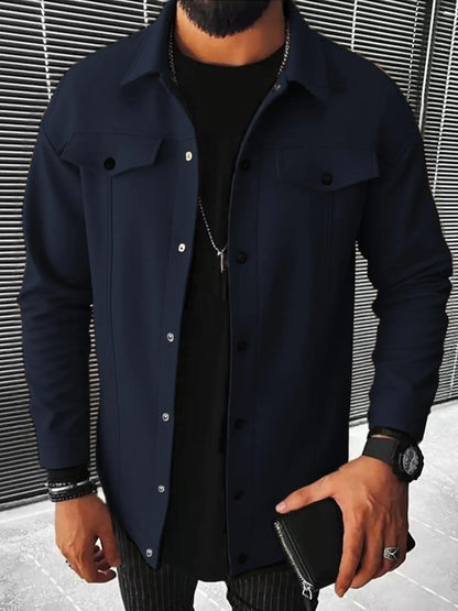 Autumn New Men's Woolen Jacket Solid Color Jacket Coat Collar Button Front Flip Pocket Coat