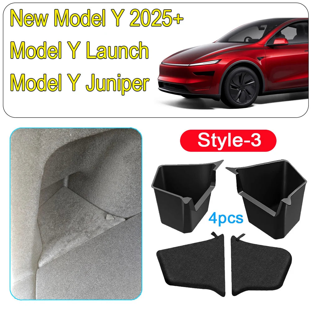 For 2025 2026 Tesla Model Y Juniper Rear Trunk Side Storage Box Trunk Bins Flocking or TPE Cover Trunk Organizer Mats Accessorie
