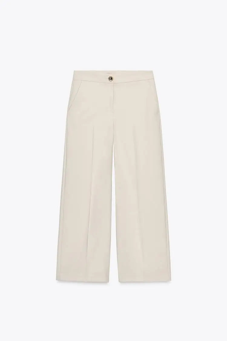 High Waist Wide Leg Pants Zipper Decoration Short Sleeve Turn-down Collar Single Pocket Decoration Fashion Set for Women
