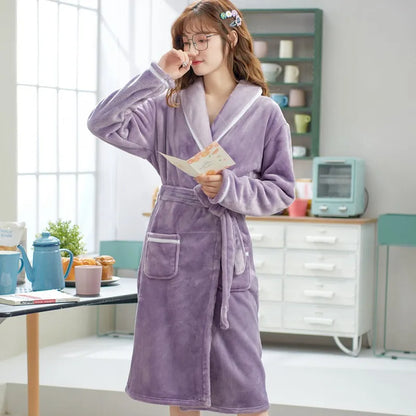 Thickened Flannel Sleepwear Coat for Men And Women Warm Winter Coral Velvet Robe Couple Home Clothes Mid-Length Bath Robe