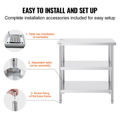 SucceBuy Stainless Steel Food Prep Table Commercial Kitchen Worktable with 2 Adjustable Undershelf for BBQ Kitchen Home Garage