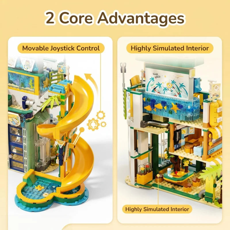 New Sunshine Park Summer Seaside Vacation Street Scene Building Block Set, a multi-story modular building block model of a surf
