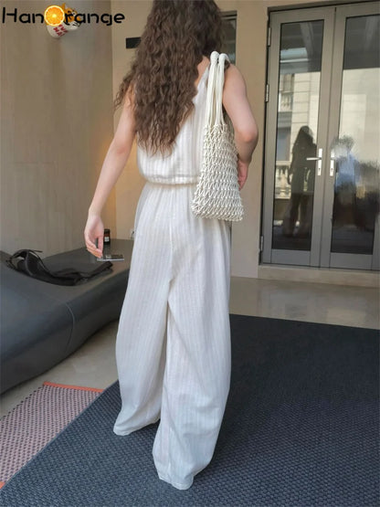 HanOrange 2026 Summer Vacation Stripe Loose Casual Pants Women Loose Wide Legs Breathable Trousers White Coffee/Blue White