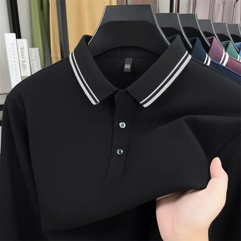 Men's 100% Cotton Long-Sleeve Polo Shirt - Light Purple Soft Knit  Breathable Business Casual Hexagon Pique Texture