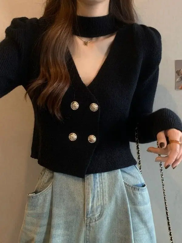 Elegant V-Neck Bubble Sleeve Knitwear Short Top Fashion Trend Neck Hanging Style Girl's French Style Slim Fit Long Sleeve Autumn
