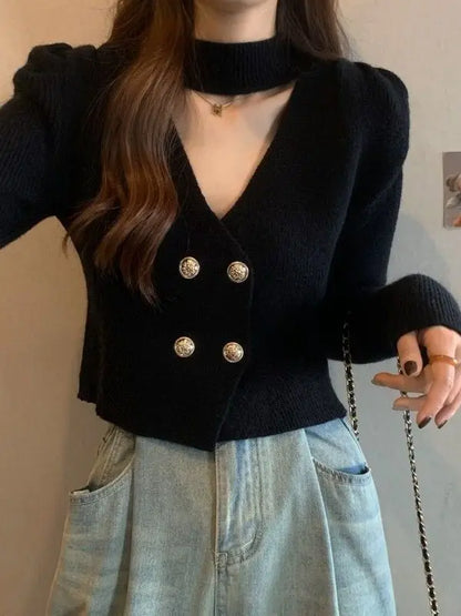 Elegant V-Neck Bubble Sleeve Knitwear Short Top Fashion Trend Neck Hanging Style Girl's French Style Slim Fit Long Sleeve Autumn