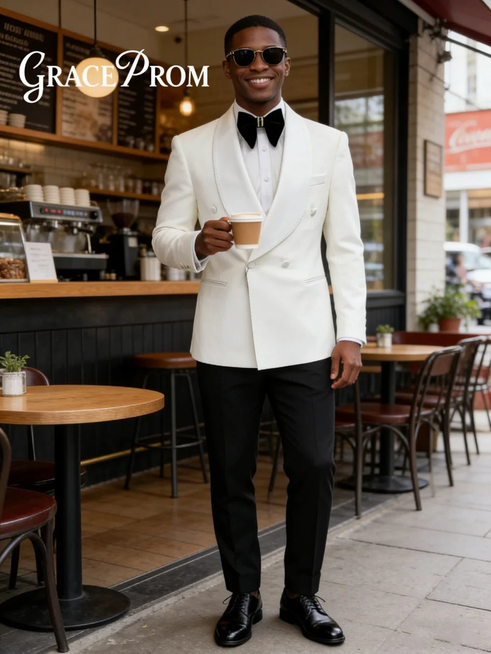 Formal Shawl Collar Men 2 Piece Set Classic Double Breasted Tuxedo Suit Fit Groom Groomsmen Classic Mens Office Suit Set