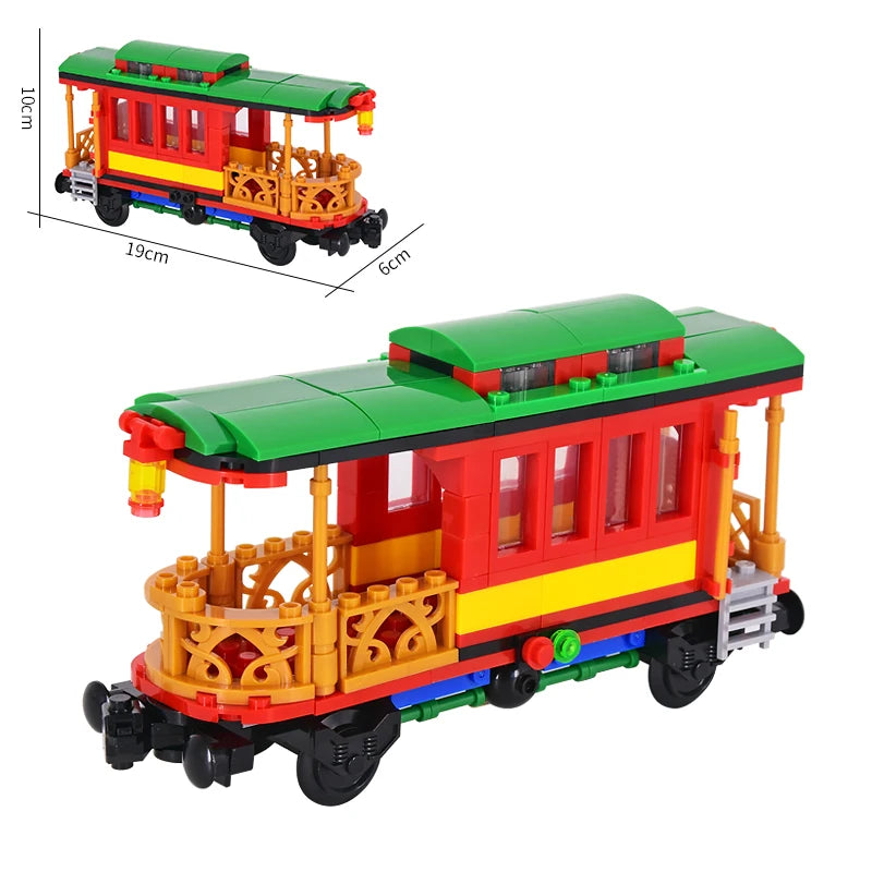26cm Retro Double-Deck Passenger Train Car Building Blocks Model Green Gray Classic Train Display Toy for Hobbyists