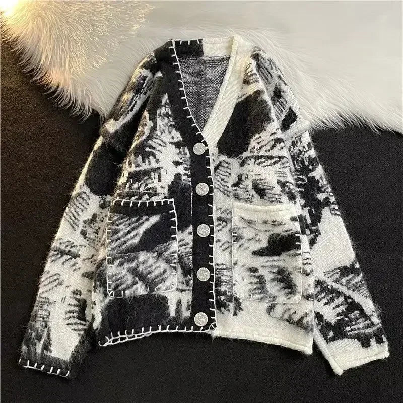 Man Clothes Black Y2k Vintage Tie Dye Knitted Sweaters for Men Cardigan V Neck Aesthetic with Pockets Maletry A Winter 2025 Fun