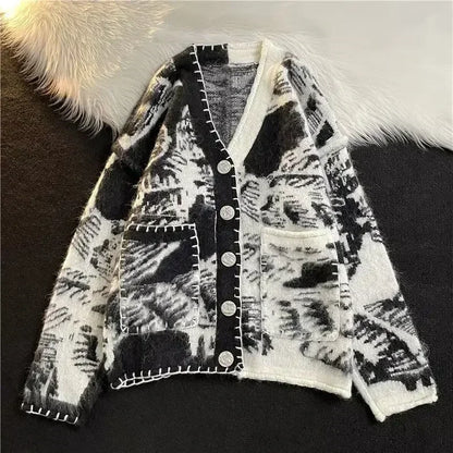 Man Clothes Black Y2k Vintage Tie Dye Knitted Sweaters for Men Cardigan V Neck Aesthetic with Pockets Maletry A Winter 2025 Fun