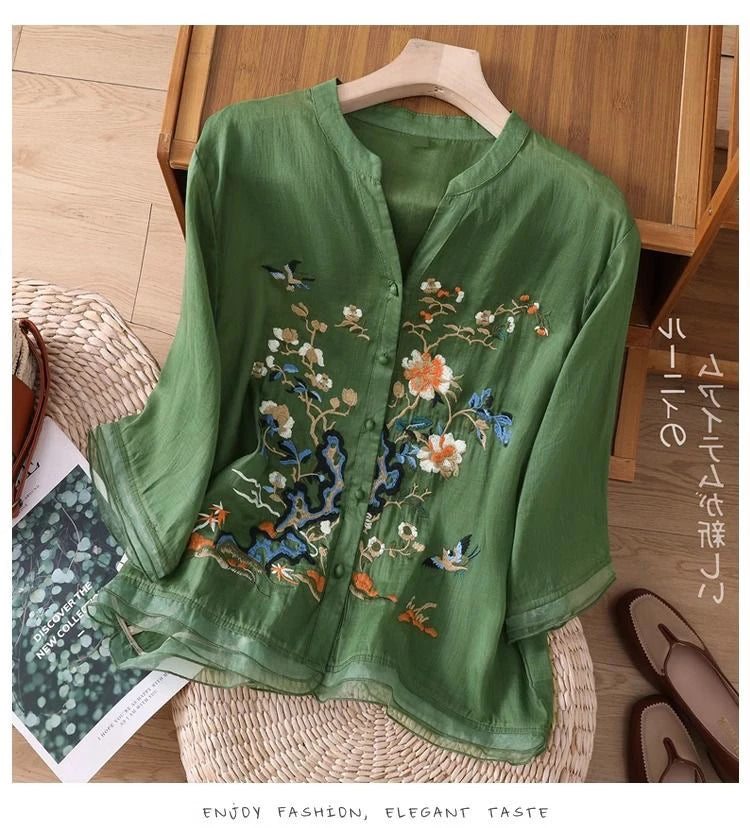 Large Size Mom Embroidered irt Women's Spring New Cotton Linen irt High End f Sve Seven Sve Women's Top