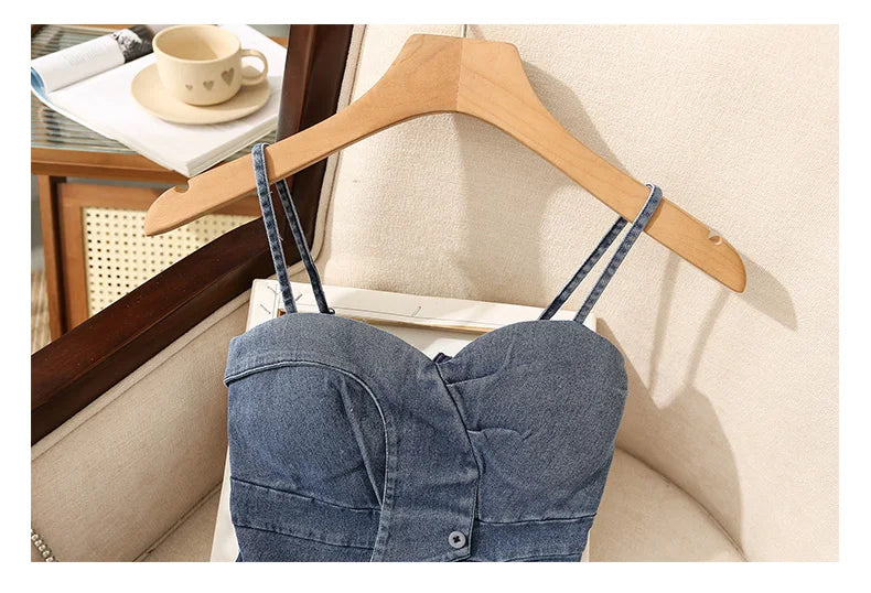 Irregular Halter Neck Denim Crop Top Women Summer Outdoor Wear with Chest Pad Slimming Sexy Girl Shirt Short Length Zipper