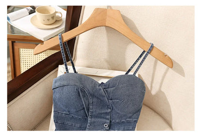 Irregular Halter Neck Denim Crop Top Women Summer Outdoor Wear with Chest Pad Slimming Sexy Girl Shirt Short Length Zipper