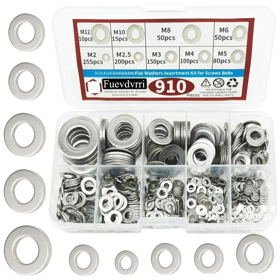 910/200pcs Flat Washers Assortment Kit (M2 M2.5 M3 M4 M5 M6 M8 M10 M12) Suitable for Home Decoration