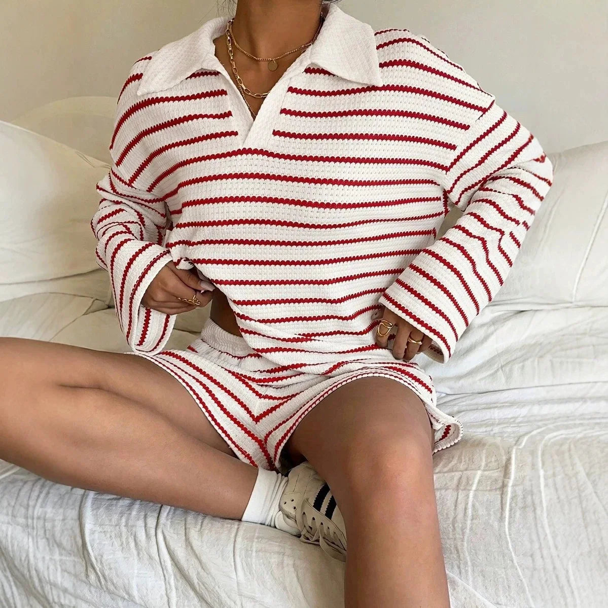 Women Striped Shorts Set Long Sleeve T-Shirt And Loose Casual Pants Breathable Two Piece Outfits For Summer Daily Loungewear