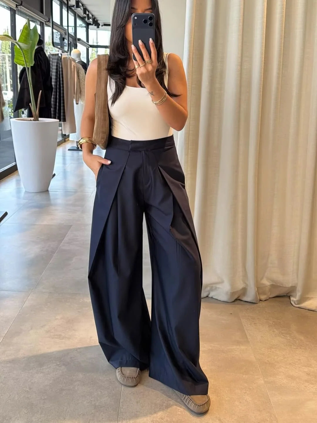 Women's Long Pants 2025 Autumn New Arrivals Military Green Pleated Loose Wide-Leg Pants Casual Fashion Stylish and Versatile