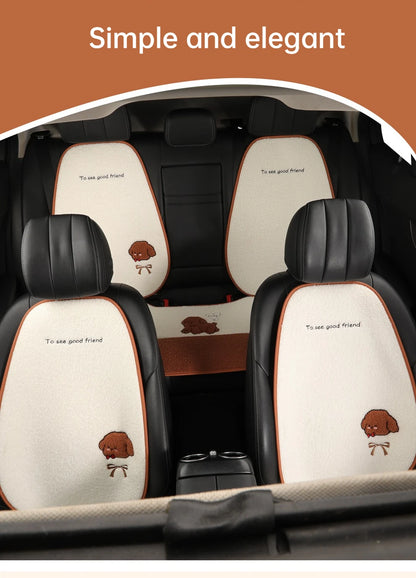 5 Seats Funny Puppy Car Seat Cover Fleece Fabric PU Leather Warm Comfortable Quick Installation Fits Most Cars