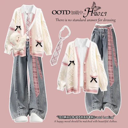 Korean Style Winter College Fashion Knitted Cardigan Jacket Beautiful Unique Miu Series Sweater Three Piece Set High Waist Pa...